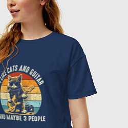 Футболка оверсайз женская Люблю котов гитару и может быть трёх людей, цвет: тёмно-синий — фото 2