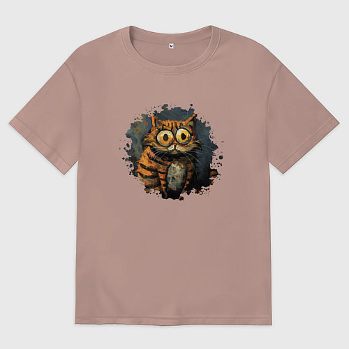 Женская футболка оверсайз Большеглазый рыжий кот маслом / Пыльно-розовый – фото 1