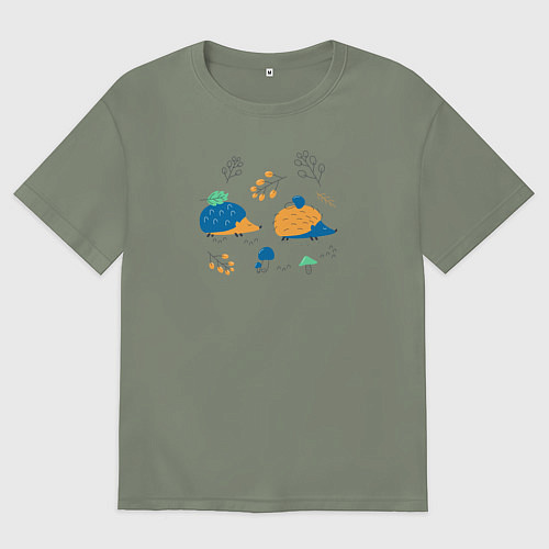 Женская футболка оверсайз Ежики в лесу с веточками и грибами / Авокадо – фото 1