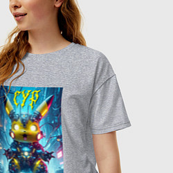 Футболка оверсайз женская Кибер Пикачу - неоновое свечение глаз, цвет: меланж — фото 2