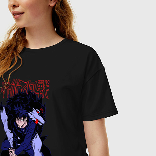 Женская футболка оверсайз Магическая битва Мегуми гончая / Черный – фото 3