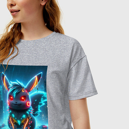 Женская футболка оверсайз Cyber Pikachu in the neon metropolis - ai art / Меланж – фото 3