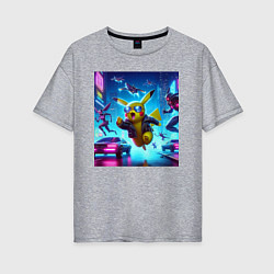 Женская футболка оверсайз Киберпанк Пикачу - неоновая погоня с роботами - Pi