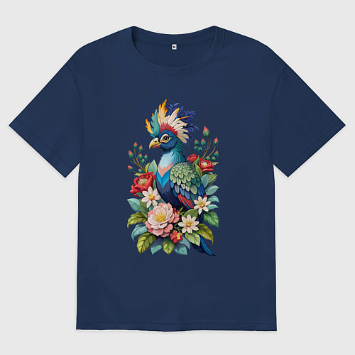 Женская футболка оверсайз Красивая птица турако среди цветов / Тёмно-синий – фото 1