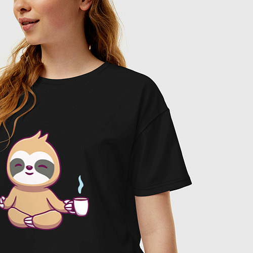 Женская футболка оверсайз Ленивец и кофейный релакс / Черный – фото 3
