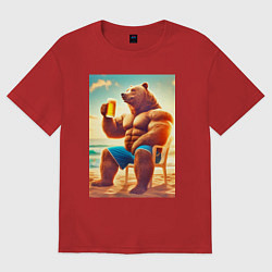 Футболка оверсайз женская Bear bodybuilder with a cup of beer on a beach - a, цвет: красный