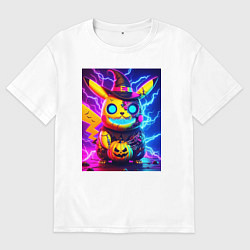 Футболка оверсайз женская Пикачу киберпанк зомби - неоновое свечение, цвет: белый