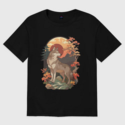 Футболка оверсайз женская Волк в лесу в японском стиле, цвет: черный