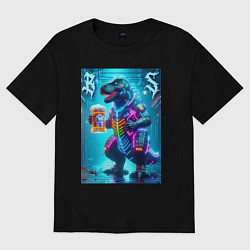Футболка оверсайз женская Неоновый кибер пивозавр - нейроарт, цвет: черный