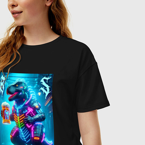 Женская футболка оверсайз Неоновый кибер пивозавр - нейроарт / Черный – фото 3