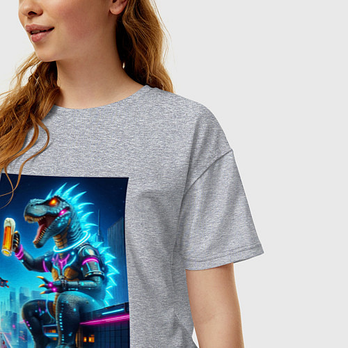 Женская футболка оверсайз Чувак Дино сидит на крыше небоскрёба с кружкой пив / Меланж – фото 3