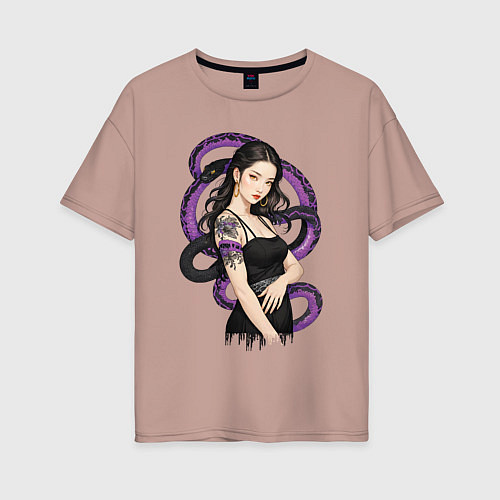 Женская футболка оверсайз Девушка в чёрном платье и змея / Пыльно-розовый – фото 1