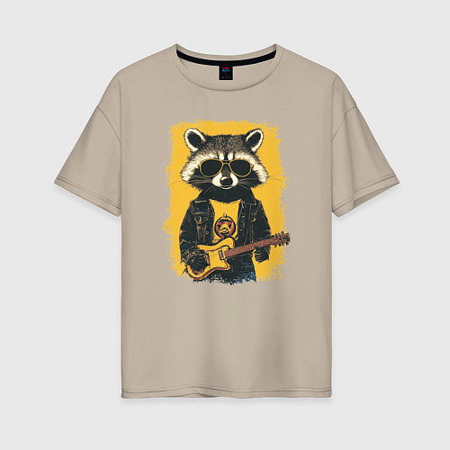 Женская футболка оверсайз Енот рокер играет на гитаре / Миндальный – фото 1