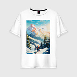 Женская футболка оверсайз Лыжник в горах