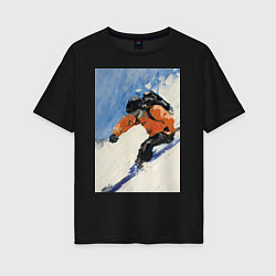 Футболка оверсайз женская Горнолыжный спорт спуск - живопись маслом, цвет: черный