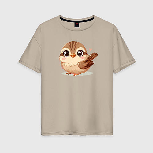 Женская футболка оверсайз Милый воробушек с сердечком / Миндальный – фото 1