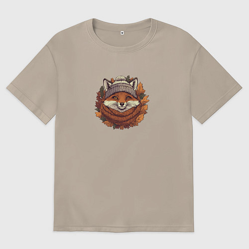 Женская футболка оверсайз Лис в шапке и шарфе / Миндальный – фото 1