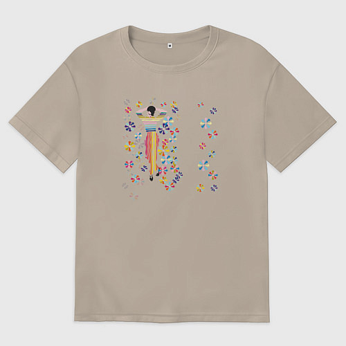 Женская футболка оверсайз Девушка в цветах / Миндальный – фото 1