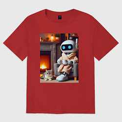 Женская футболка оверсайз Робот у камина с котом и чашкой кофе - нейроарт