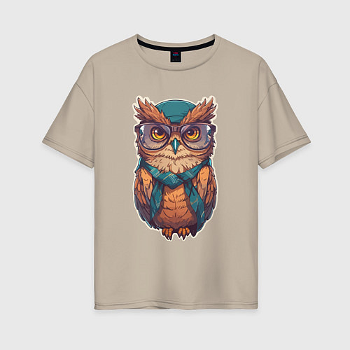 Женская футболка оверсайз Сова хипстер в очках / Миндальный – фото 1