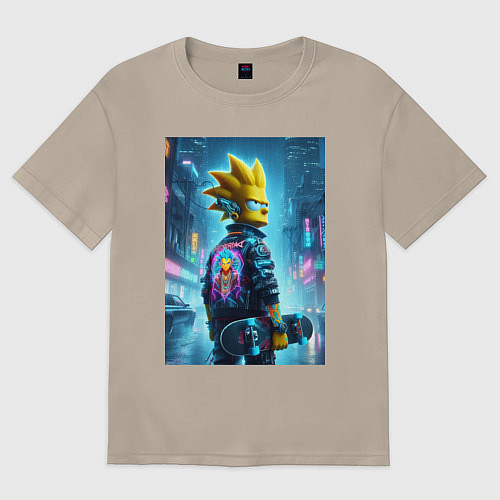 Женская футболка оверсайз Чувак Барт Симпсон со скейтбордом под дождём - ней / Миндальный – фото 1