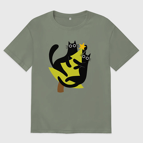 Женская футболка оверсайз Черные коты на елке / Авокадо – фото 1