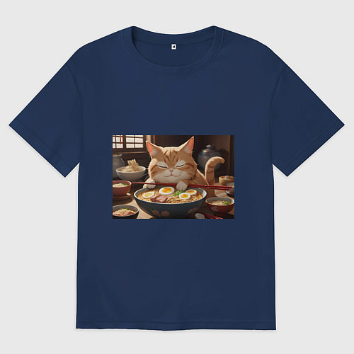 Женская футболка оверсайз Кот обожает рамен / Тёмно-синий – фото 1