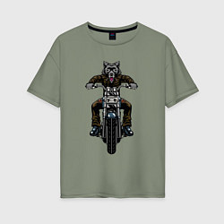 Футболка оверсайз женская Волк на байке, цвет: авокадо