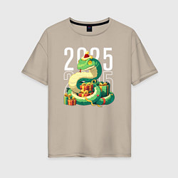 Футболка оверсайз женская Новогодняя зелёная змея 2025, цвет: миндальный