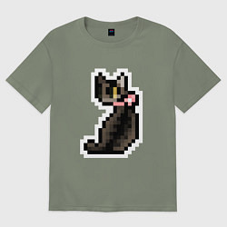 Футболка оверсайз женская Милая пиксельная кошка с розовым ошейником, цвет: авокадо