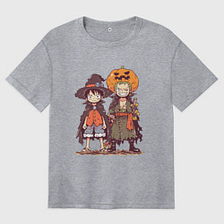 Футболка оверсайз женская Luffy и Zoro в хэлуинском костюме, цвет: меланж
