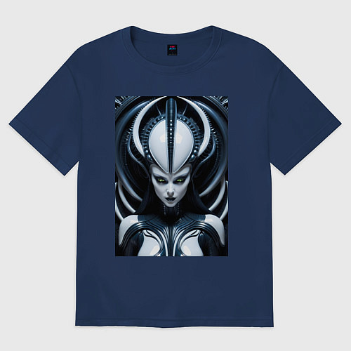 Женская футболка оверсайз Девушка инопланетянка в стиле Гигера / Тёмно-синий – фото 1