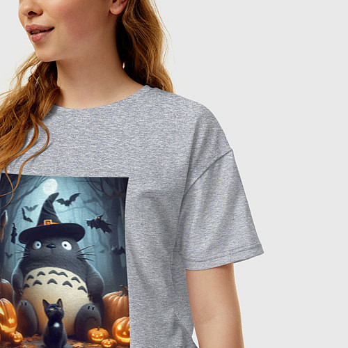 Женская футболка оверсайз Totoro and black cat - halloween fantasy / Меланж – фото 3