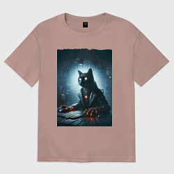 Футболка оверсайз женская Кибер кот за компьютером - неоновое свечение, цвет: пыльно-розовый