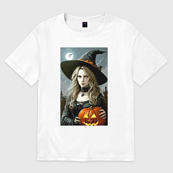 Женская футболка оверсайз Ведьма держит тыкву - хэллоуин