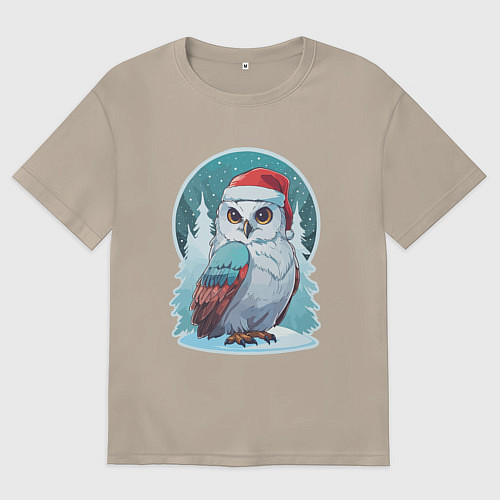 Женская футболка оверсайз Полярная сова на фоне зимнего леса / Миндальный – фото 1