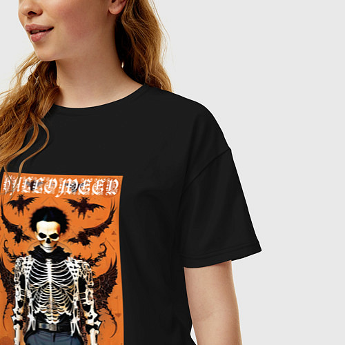 Женская футболка оверсайз Cool skeleton - halloween poster / Черный – фото 3