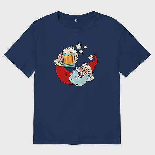 Женская футболка оверсайз Санта с пивасиком / Тёмно-синий – фото 1