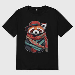 Футболка оверсайз женская Красная панда в шляпе и шарфе, цвет: черный