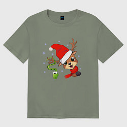 Футболка оверсайз женская Новогодний олень и змея, цвет: авокадо