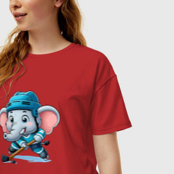 Футболка оверсайз женская Слонёнок хоккейный форвард - нейроарт, цвет: красный — фото 2