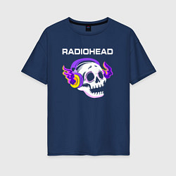 Футболка оверсайз женская Radiohead - неоновый череп, цвет: тёмно-синий
