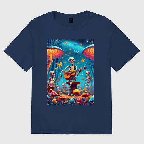 Женская футболка оверсайз Соло скелета на гитаре под грибами / Тёмно-синий – фото 1