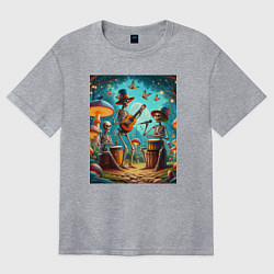 Футболка оверсайз женская Трио скелетов музицируют на грибной поляне, цвет: меланж