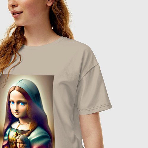 Женская футболка оверсайз Маленькая Мона Лиза в детстве с куклой - нейроарт / Миндальный – фото 3