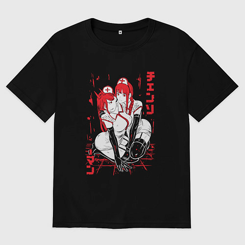 Женская футболка оверсайз Человек-бензопила Пауэр и Макима медсестры / Черный – фото 1