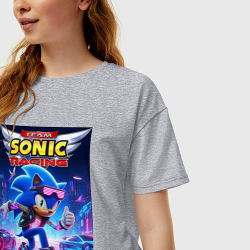 Женская футболка оверсайз Sonic racing team - hedgehog on a board / Меланж – фото 3