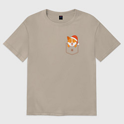 Футболка оверсайз женская Новогодний корги в кармашке, цвет: миндальный