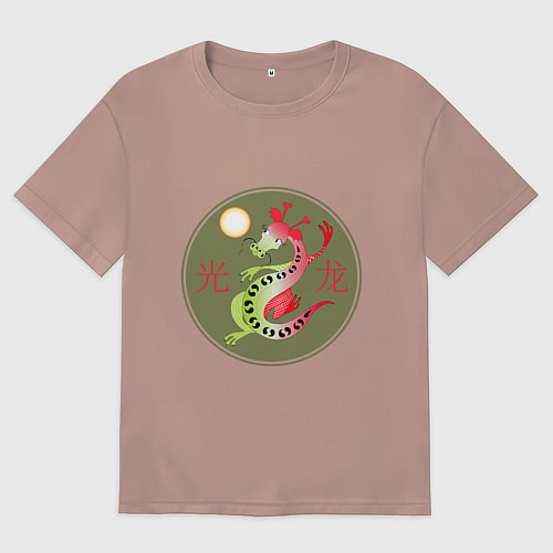 Женская футболка оверсайз Дракон змей китайский с иероглифами / Пыльно-розовый – фото 1