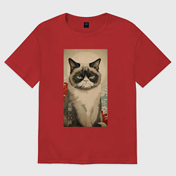 Футболка оверсайз женская Мемный кот - японский стиль, цвет: красный